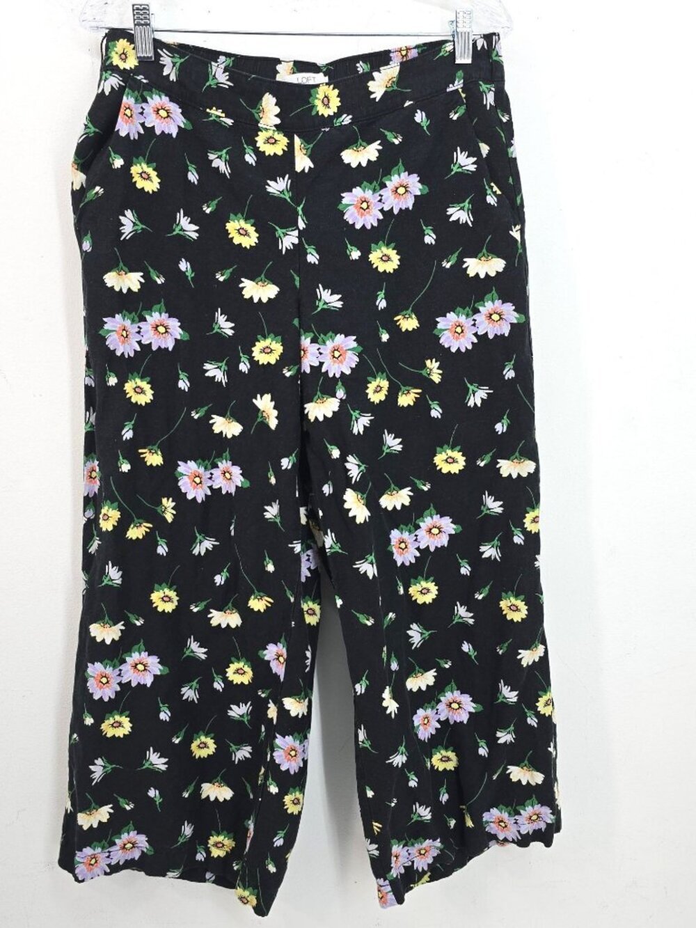 LOFT Florence Tie Waist Fluid Wide Leg Linen Crop Pants Garden Black Women M - Picture 4 of 10